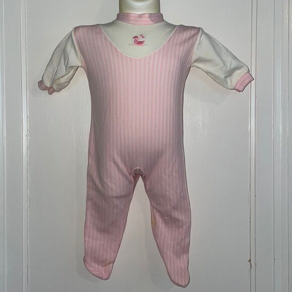 Vtg 60s/70s pink/white knit infant onesie footie with embroidered duck on neck - Picture 1 of 7